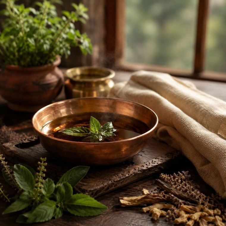 A copper bowl of warm herbal oil with tulsi leaves